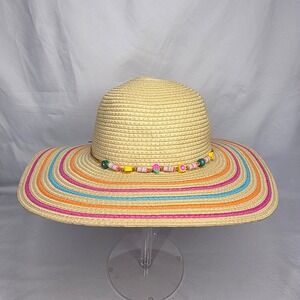 Target Straw Sun Hat Kids OS Tan Rainbow Stripe Fruit Bead Floppy Beach Boho